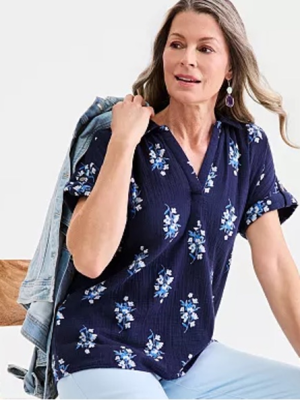 Style & Co Cotton Gauze Collared Popover Blue Floral Top Size 3X